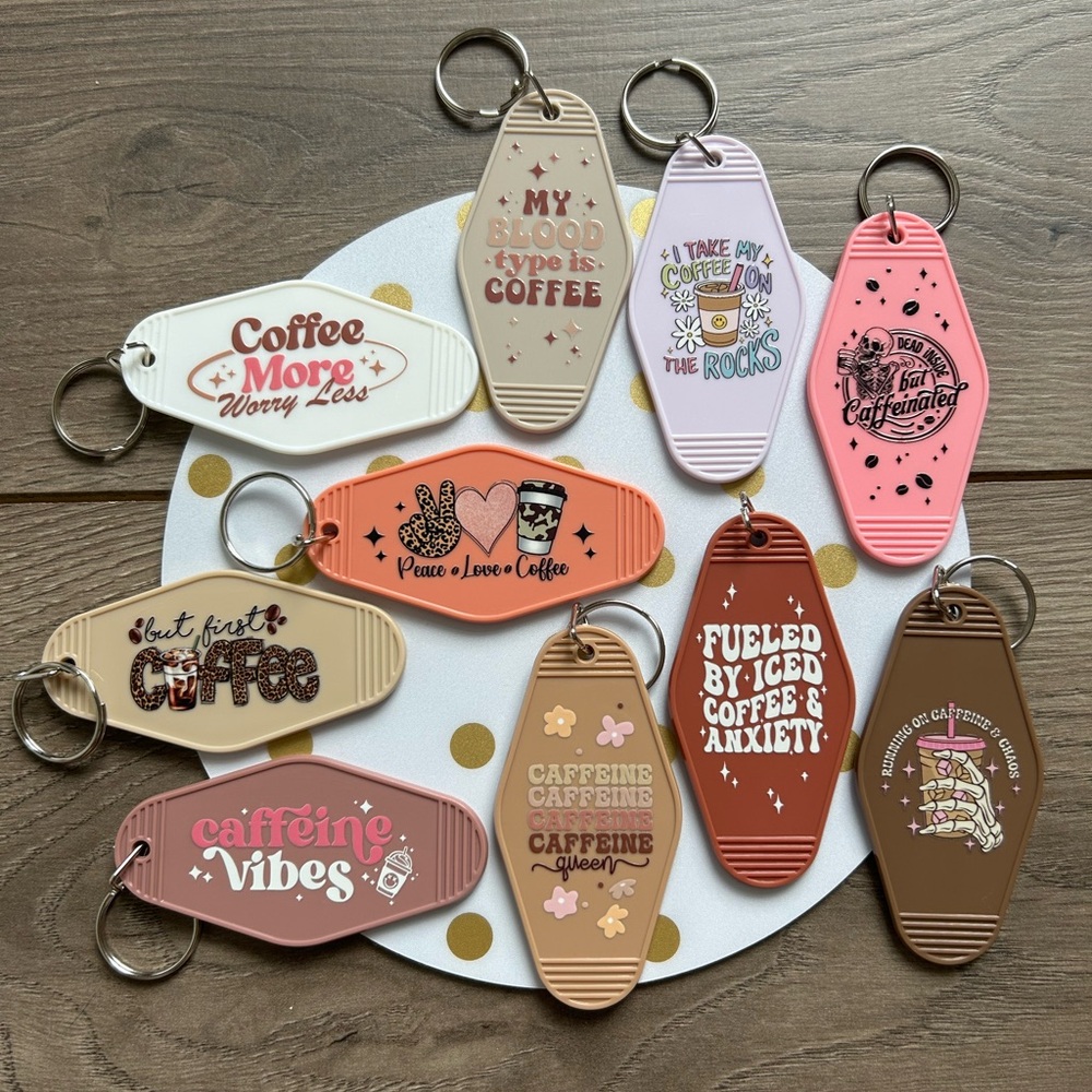 NEW DESIGNS Handmade Vintage Style Motel Keychain Coffee Theme - Choice of 1